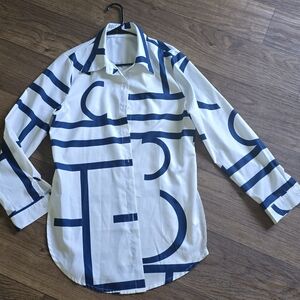 White and Blue Geometric Long Sleeve Shirt